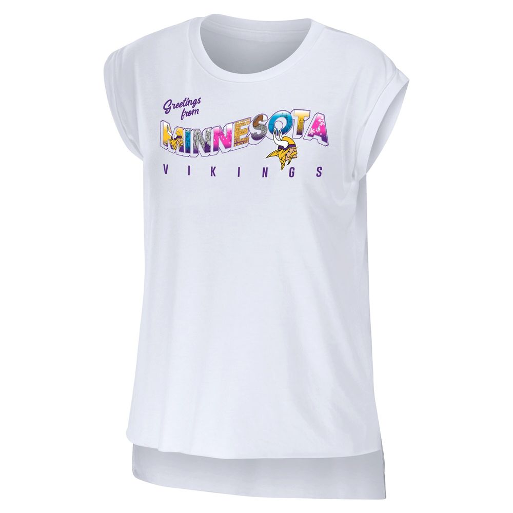 Women's WEAR by Erin Andrews White Minnesota Vikings Greetings From Muscle T-Shirt