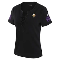 Women's WEAR by Erin Andrews x Gracie Hunt Black Minnesota Vikings Draft Me Lace-Up T-Shirt