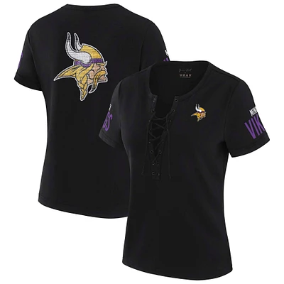 Women's WEAR by Erin Andrews x Gracie Hunt Black Minnesota Vikings Draft Me Lace-Up T-Shirt