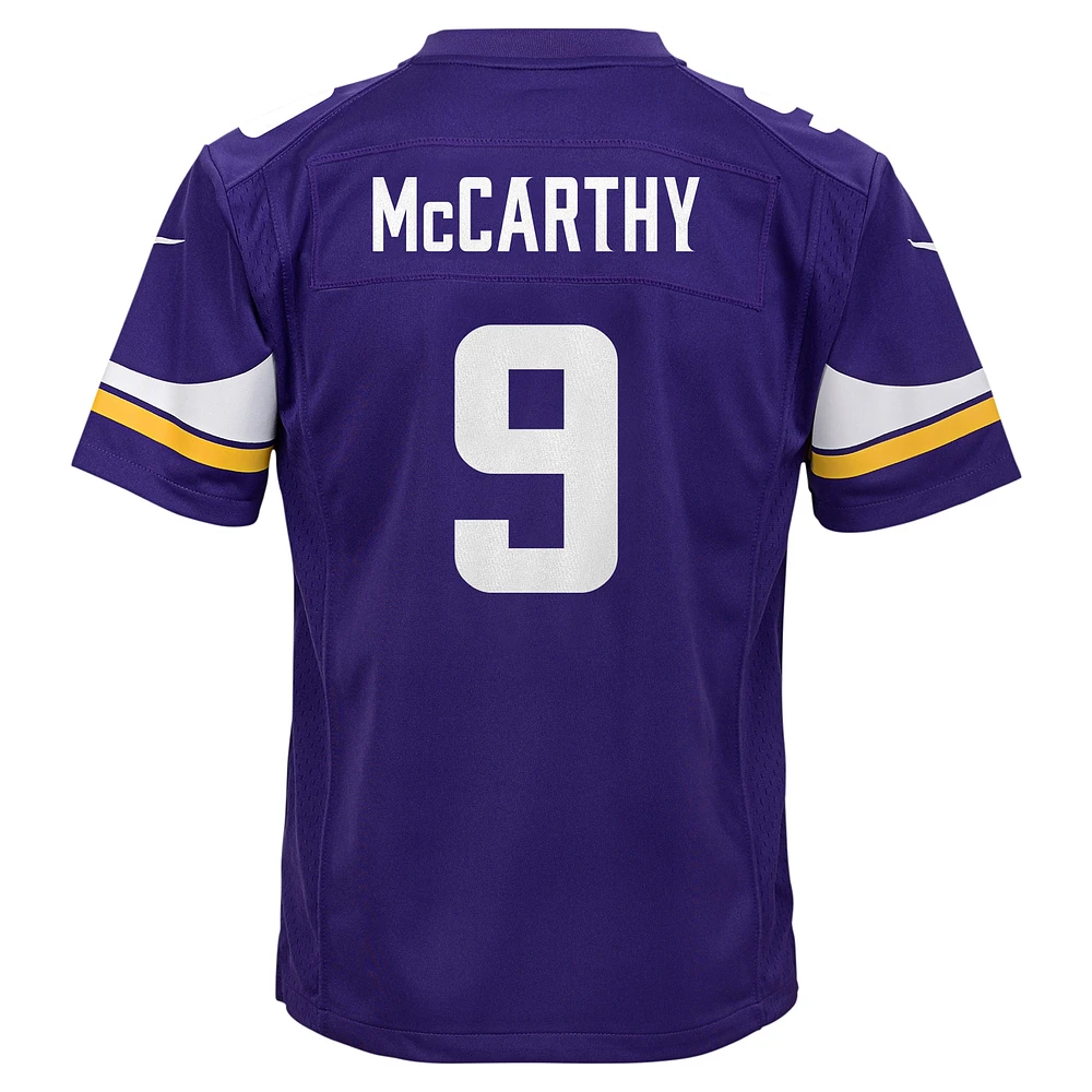 Maillot de match Nike violet J.J. McCarthy pour jeunes des Vikings du Minnesota