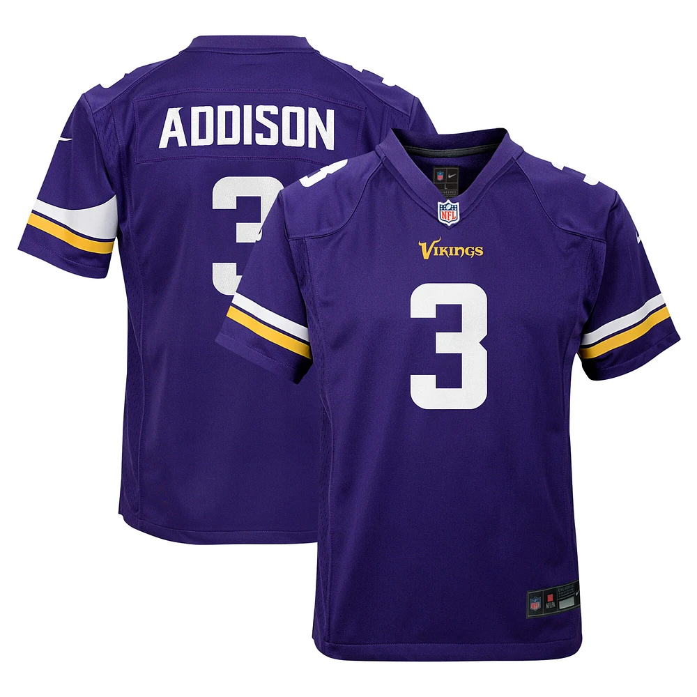 Maillot de jeu joueur l'équipe Nike Jordan Addison violet des Minnesota Vikings pour jeunes