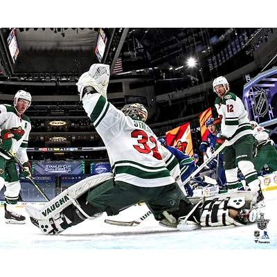 Alex Stalock, joueur non signé du Wild Minnesota, blanchissage lors match 1 des qualifications pour la Coupe Stanley 2020 contre les Maple Leafs de Toronto