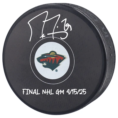 Rondelle de hockey autographiée par Marc-André Fleury, Wild du Minnesota, avec l'inscription « Final NHL GM 4/15/25 »