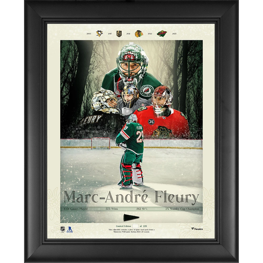 Collage de retraite de la LNH encadré de Marc-André Fleury, Wild du Minnesota, 13" x 16", avec un morceau de rondelle utilisée lors d'un match de la saison 2024-25 - Édition limitée à 229 exemplaires