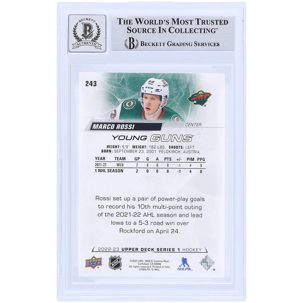 Marco Rossi Minnesota Wild Autographed 2022-23 Upper Deck Series 1 Young Guns #243 Beckett Fanatics Witnessed Authenticated 9/10 Rookie Card 