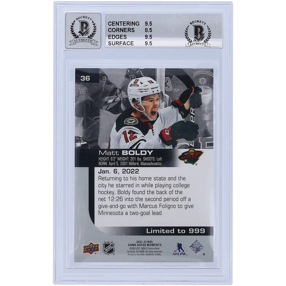Matthew Boldy Minnesota Wild Autographed 2021-22 Upper Deck Game Dated Moments Rookie Debut #36 Beckett Fanatics Witnessed Authenticated /10 Card