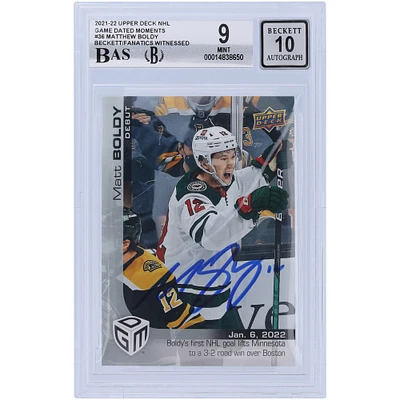 Matthew Boldy Minnesota Wild Autographed 2021-22 Upper Deck Game Dated Moments Rookie Debut #36 Beckett Fanatics Witnessed Authenticated /10 Card