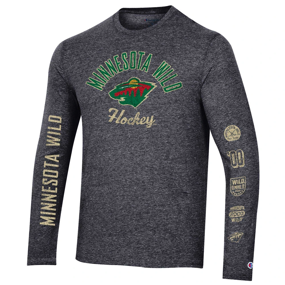 Men's Champion Heather Black Minnesota Wild Multi-Logo Tri-Blend Long Sleeve T-Shirt