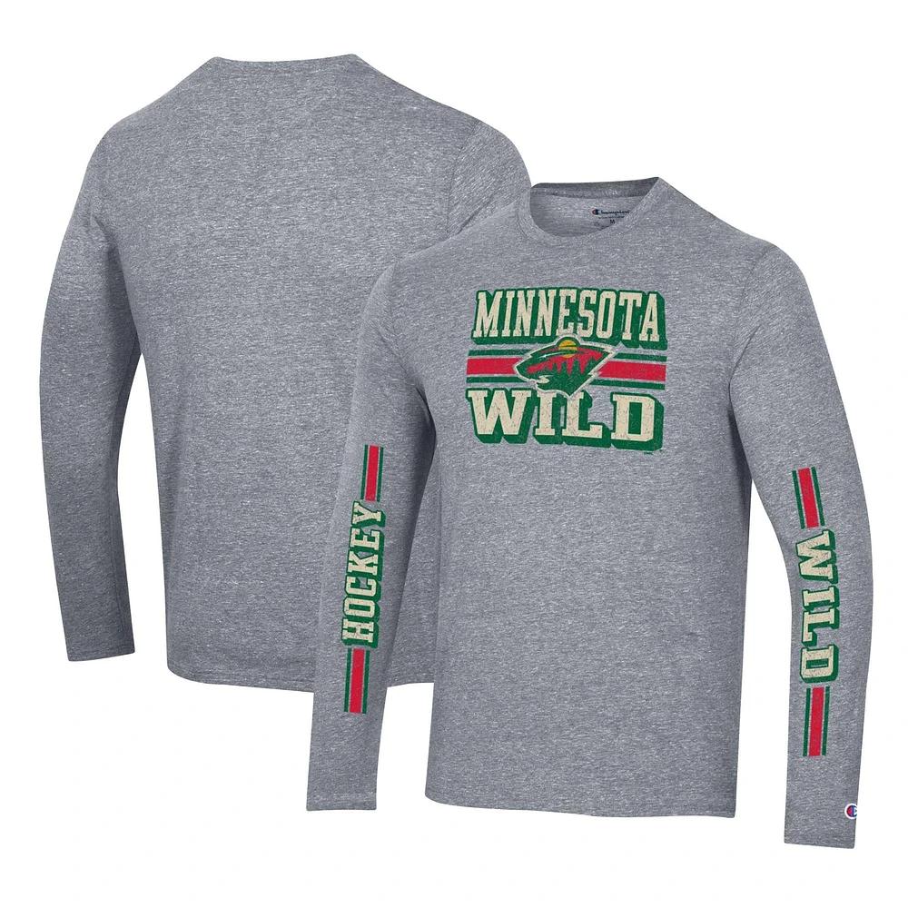 Men's Champion Heather Gray Minnesota Wild Tri-Blend Dual-Stripe Long Sleeve T-Shirt