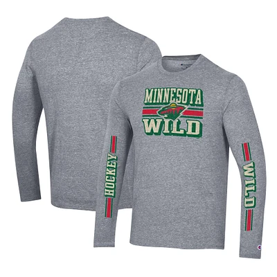 T-shirt à manches longues double bande tri-mélangé Champion Heather Grey Minnesota Wild pour hommes