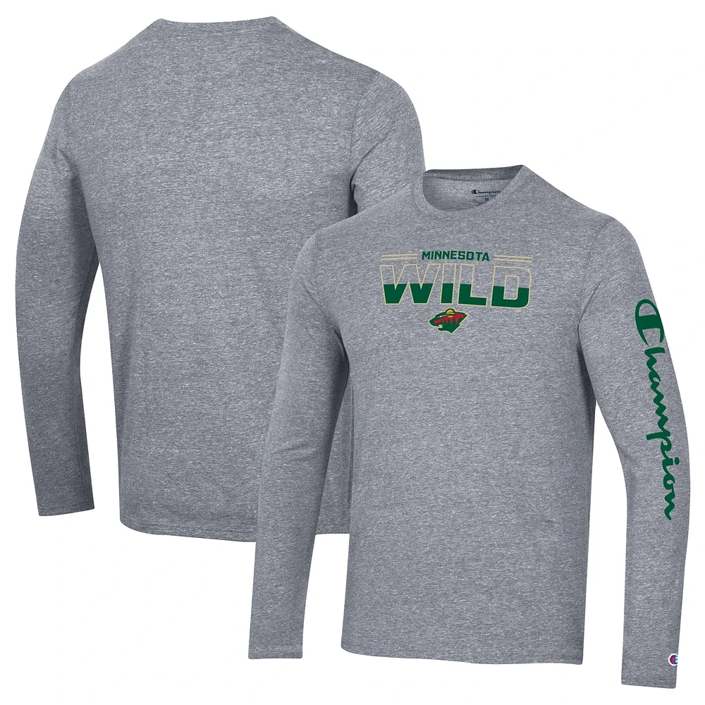 Men's Champion Heather Gray Minnesota Wild Tri-Blend Long Sleeve T-Shirt