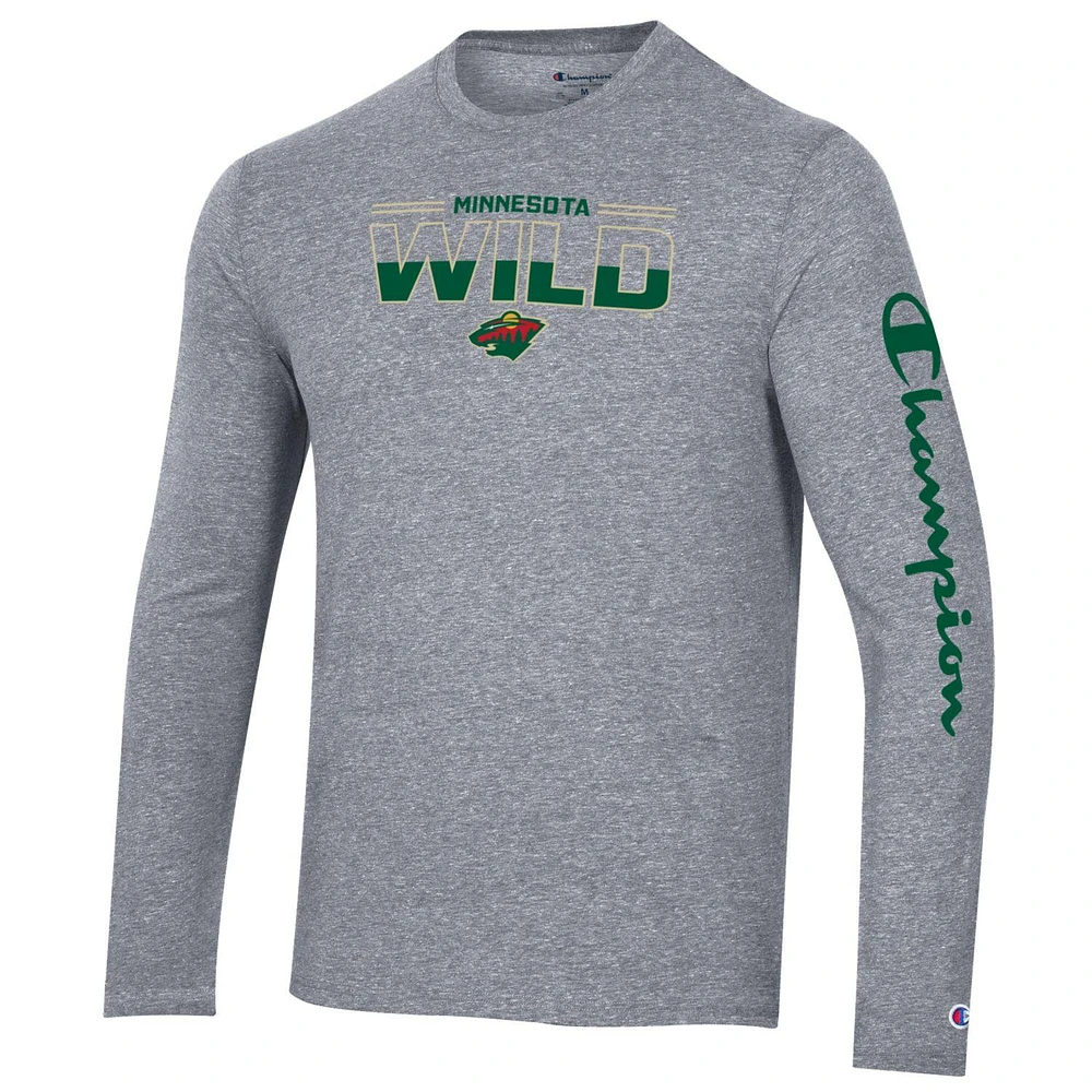 Champion Heather Grey Minnesota Wild Tri-Blend T-shirt à manches longues pour hommes