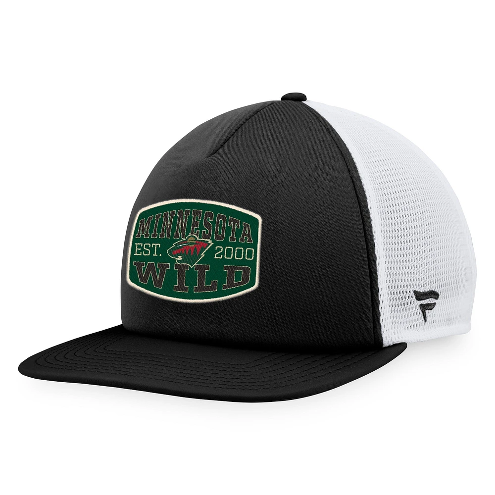 Casquette Snapback de camionneur avec patch frontal en mousse Minnesota Wild Fanatics noir/blanc pour hommes