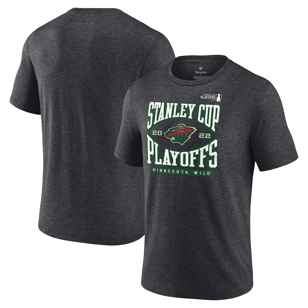 T-shirt enveloppant des séries éliminatoires de la Coupe Stanley 2022 du Wild Minnesota Fanatics Charcoal pour hommes