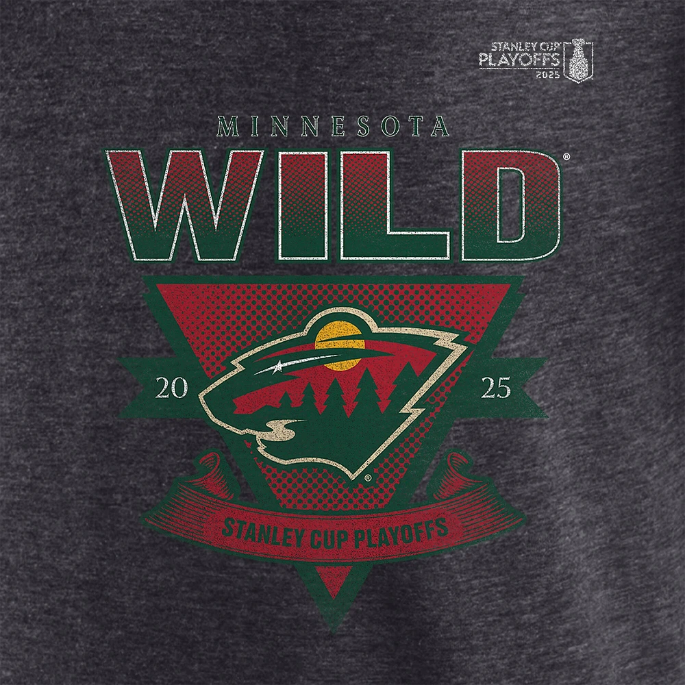 T-shirt tri-blend à barre transversale pour homme Fanatics Heather Charcoal Minnesota Wild, séries éliminatoires de la Coupe Stanley 2025