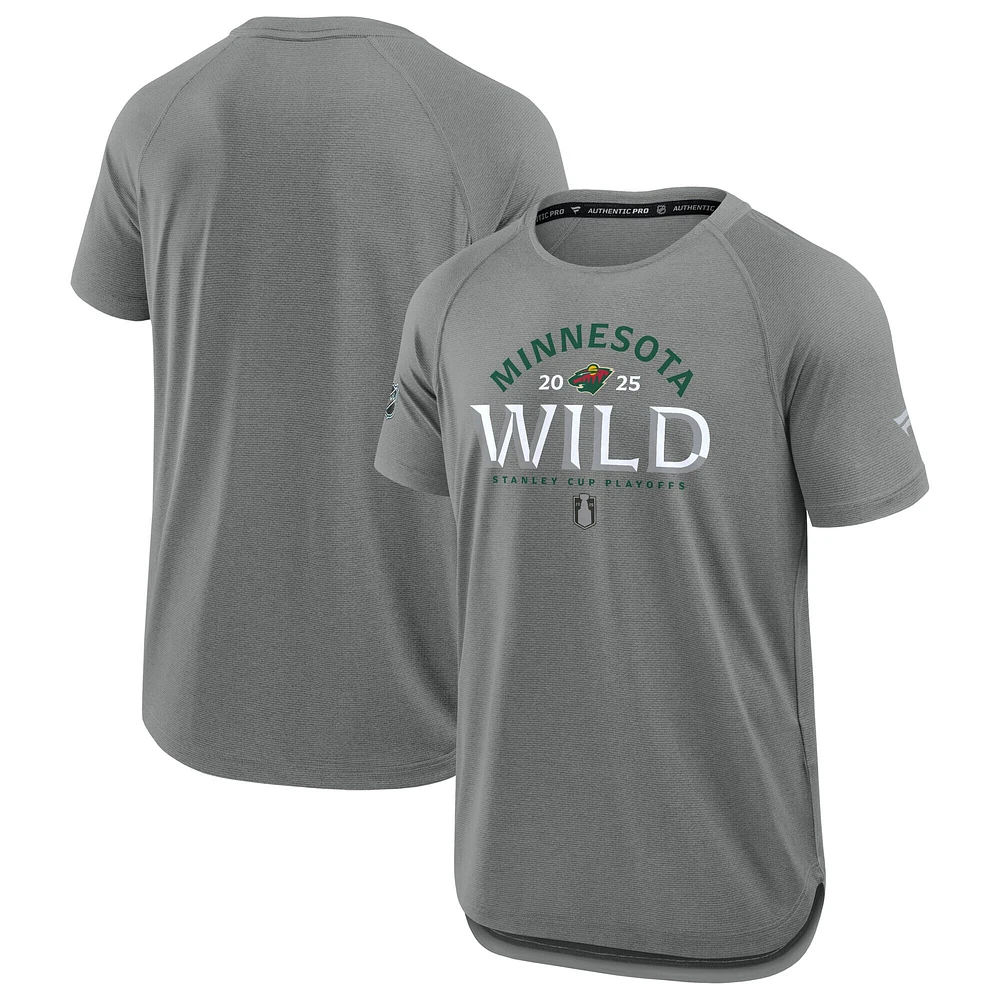 T-shirt de performance authentique Pro Rink Fanatics pour homme, gris chiné, Wild du Minnesota, séries éliminatoires la Coupe Stanley 2025