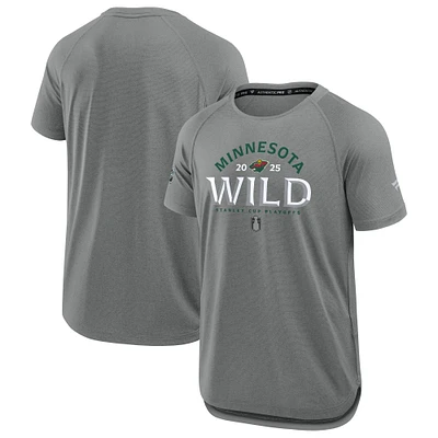 T-shirt de performance authentique Pro Rink Fanatics pour homme, gris chiné, Wild du Minnesota, séries éliminatoires la Coupe Stanley 2025