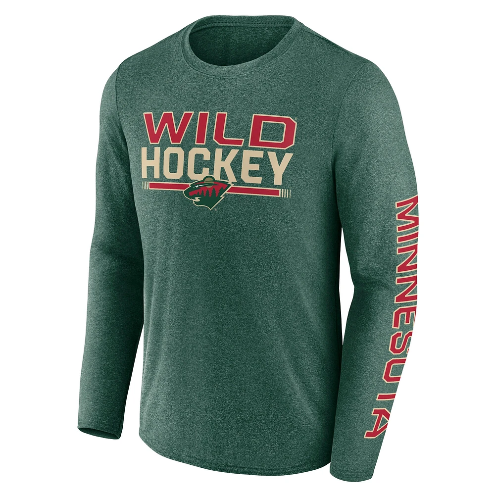 T-shirt synthétique à manches longues emblématique Fanatics Heather Green Minnesota Wild Sweep pour hommes