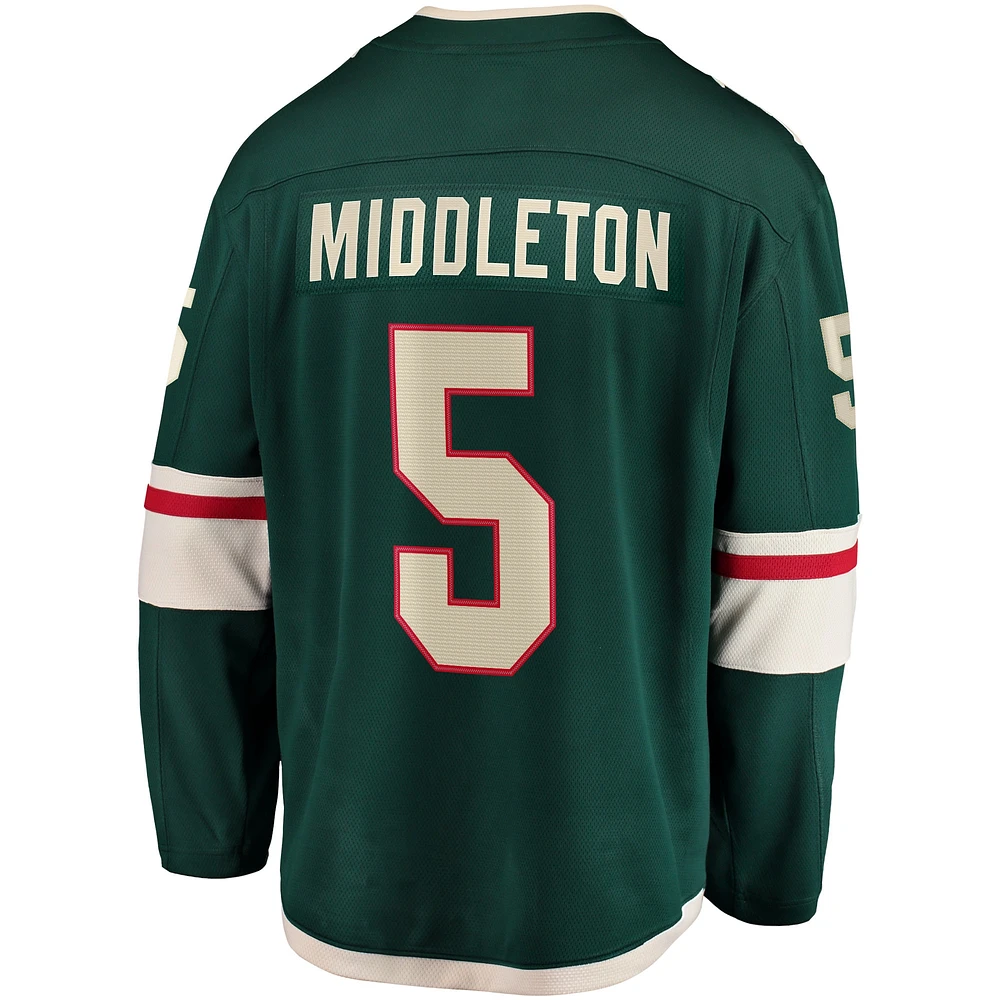 Fanatics pour hommes Jake Middleton vert Minnesota Wild Home Breakaway Player - Maillot