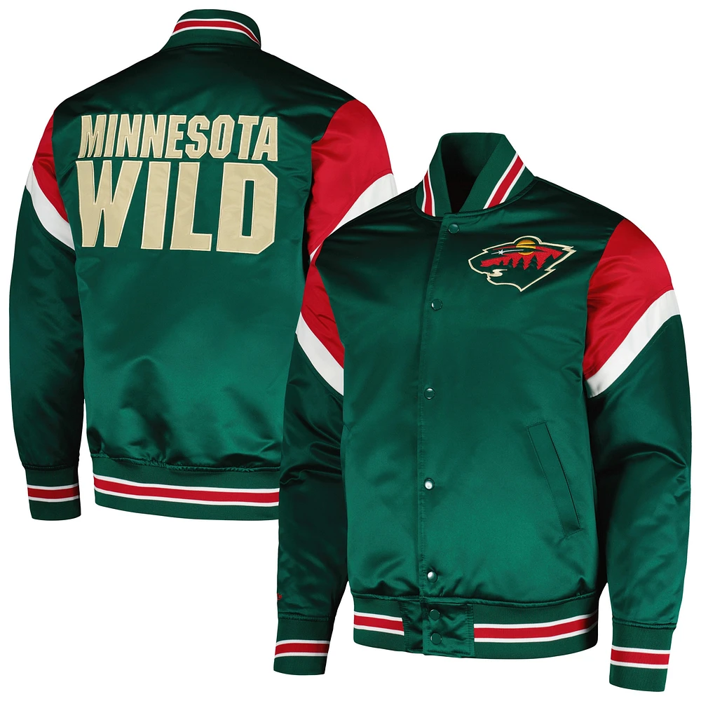 Veste à bouton-pression en satin d'épaisseur moyenne Minnesota Wild de Mitchell & Ness pour hommes verte