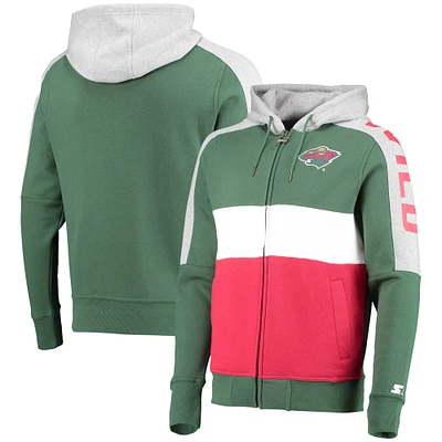 Sweat à capuche avec fermeture éclair et blocs de couleurs Minnesota Wild Playoffs Starter vert/rouge pour homme