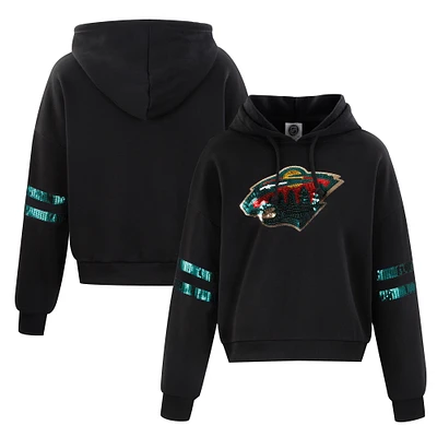 Sweat à capuche court sequins Cuce Black Minnesota Wild pour femme