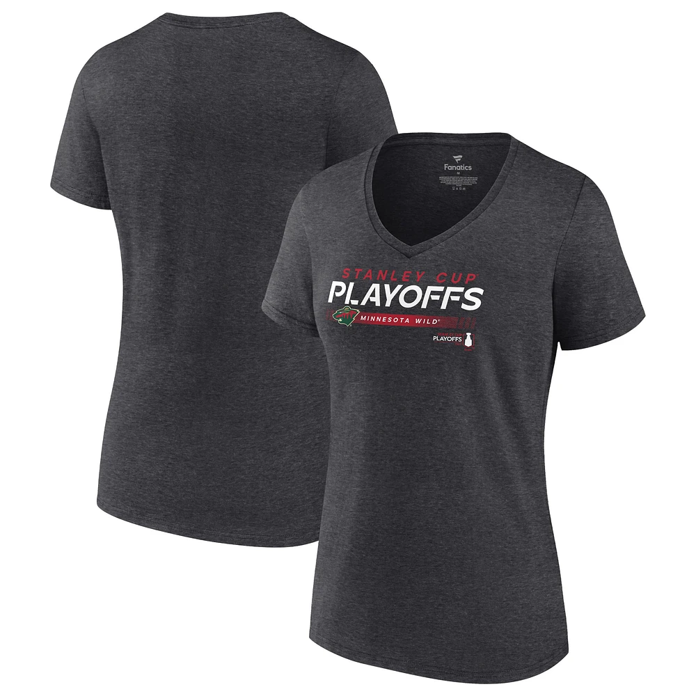 Women's Fanatics Charcoal Minnesota Wild 2022 Stanley Cup Playoffs Playmaker V-Neck T-Shirt