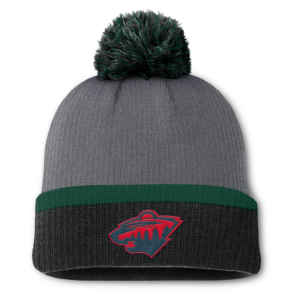 Bonnet en tricot à revers avec pompon pour femme Fanatics Anthracite Minnesota Wild