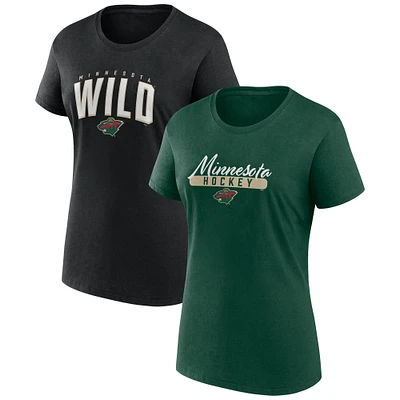 Ensemble de deux t-shirts fan Fanatics pour femmes, vert/noir, Minnesota Wild