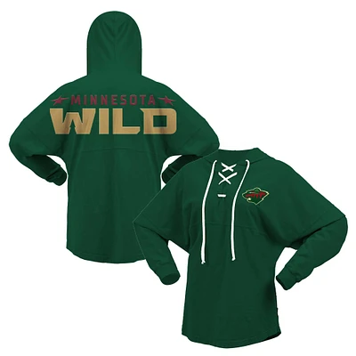 T-shirt à capuche manches longues et col en V Fanatics pour femmes, vert Minnesota Wild Jersey, lacets