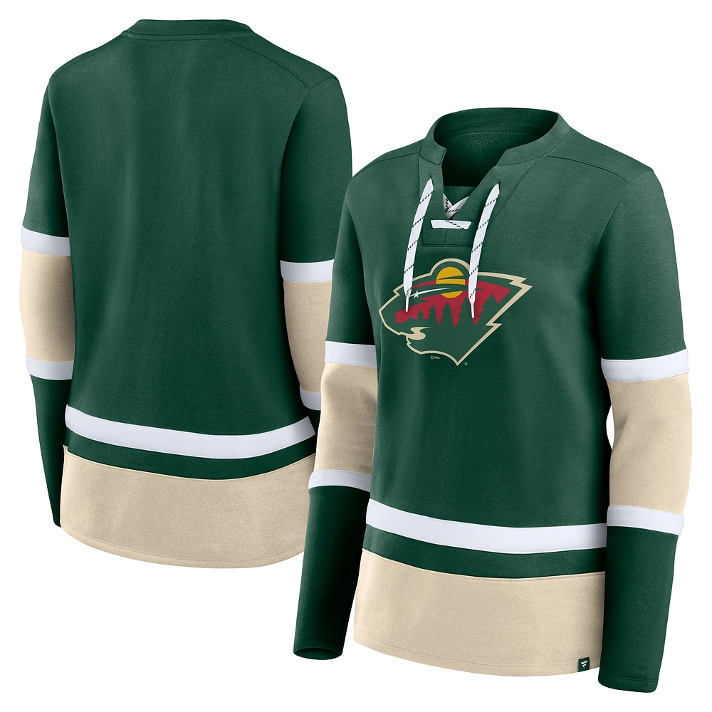 T-shirt à manches longues lacets Fanatics pour femme, vert, Minnesota Wild Prime Time