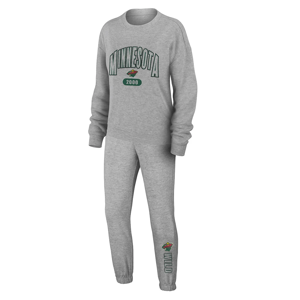 WEAR by Erin Andrews Ensemble de nuit t-shirt et pantalon en tricot tri-mélange à manches longues Minnesota Wild gris chiné pour femmes