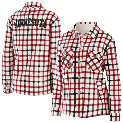 Minnesota Wild WEAR by Erin Andrews Women's Plaid Button-Up Shirt Jacket - Oatmeal