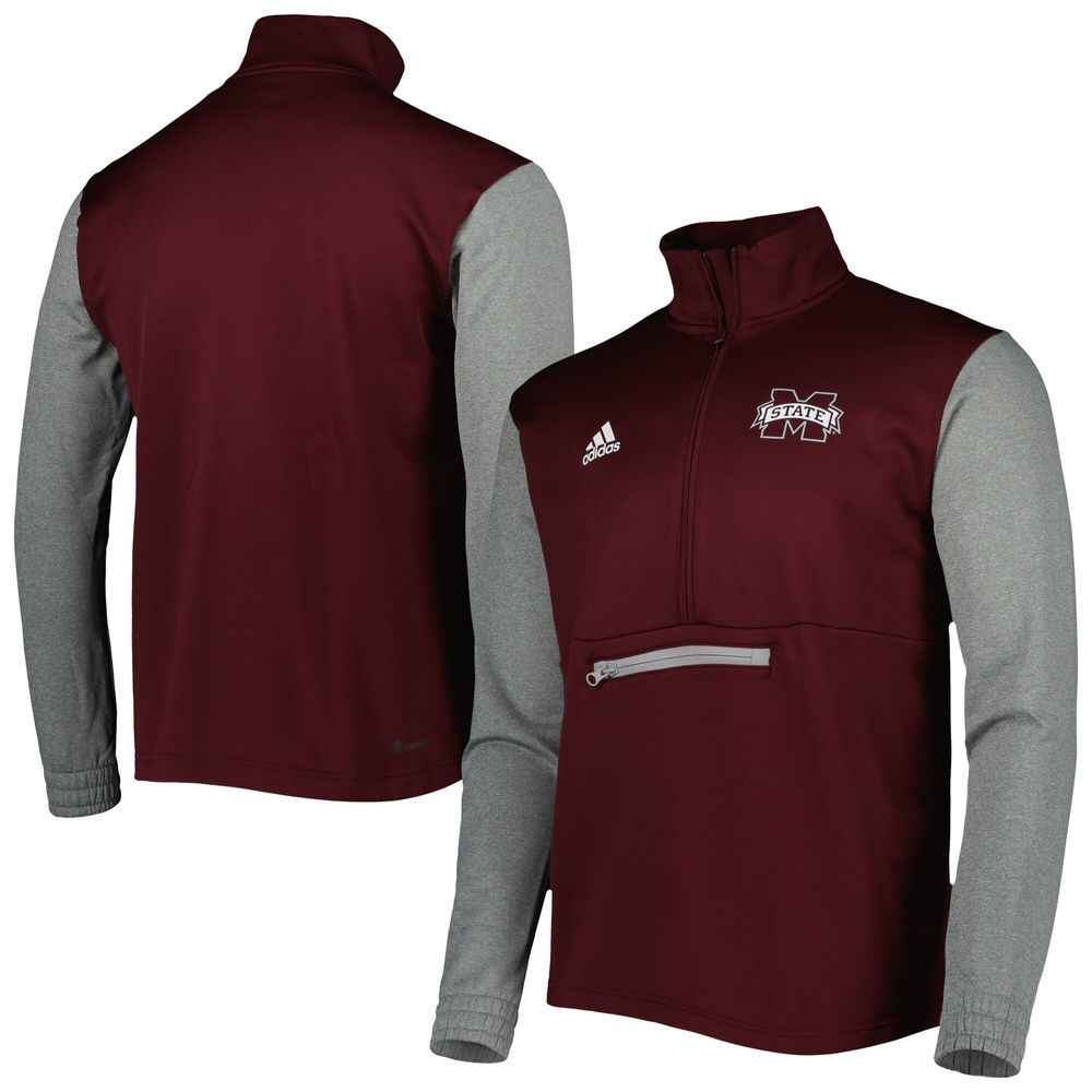 Men's adidas Maroon/Heathered Gray Mississippi State Bulldogs Team AEROREADY Half-Zip Top