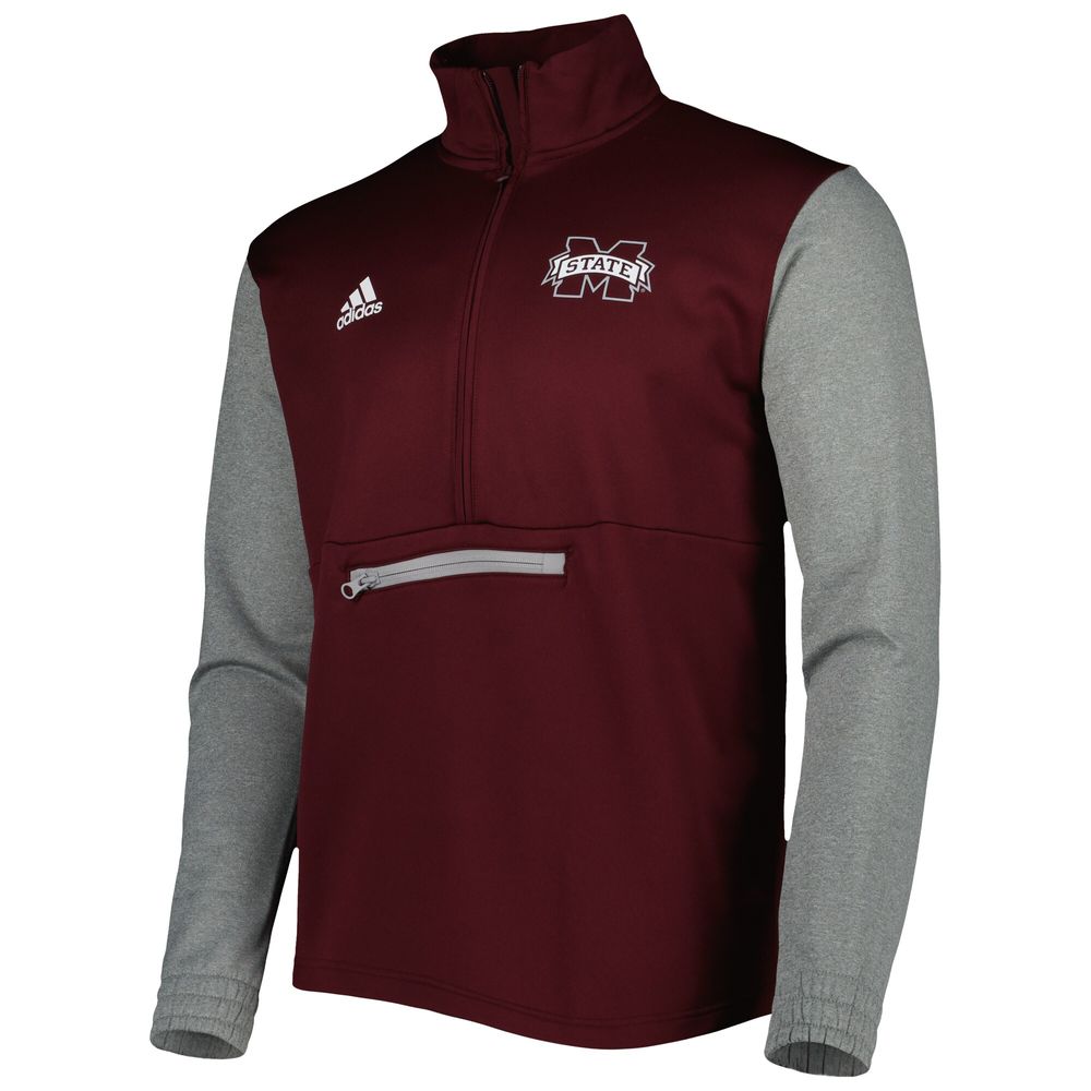 Men's adidas Maroon/Heathered Gray Mississippi State Bulldogs Team AEROREADY Half-Zip Top