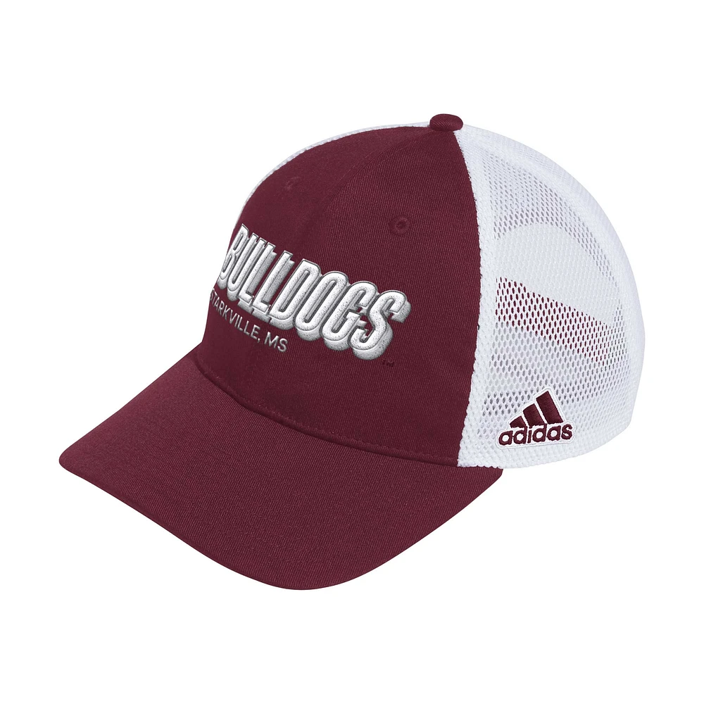 Casquette ajustable de camionneur ample avec lettre bloc pour mascotte des Bulldogs de l'État du Mississippi marron adidas pour hommes