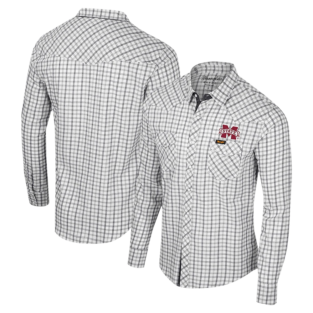 Men's Colosseum x Wrangler White Mississippi State Bulldogs Plaid Window Pane Long Sleeve Full-Snap Shirt