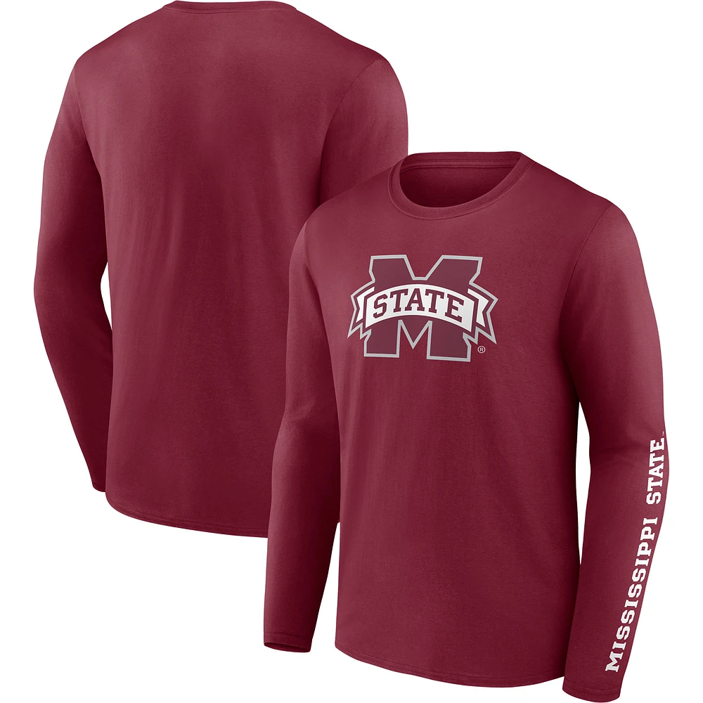 T-shirt à manches longues Fanatics Maroon Mississippi State Bulldogs Double Time 2-Hit pour hommes