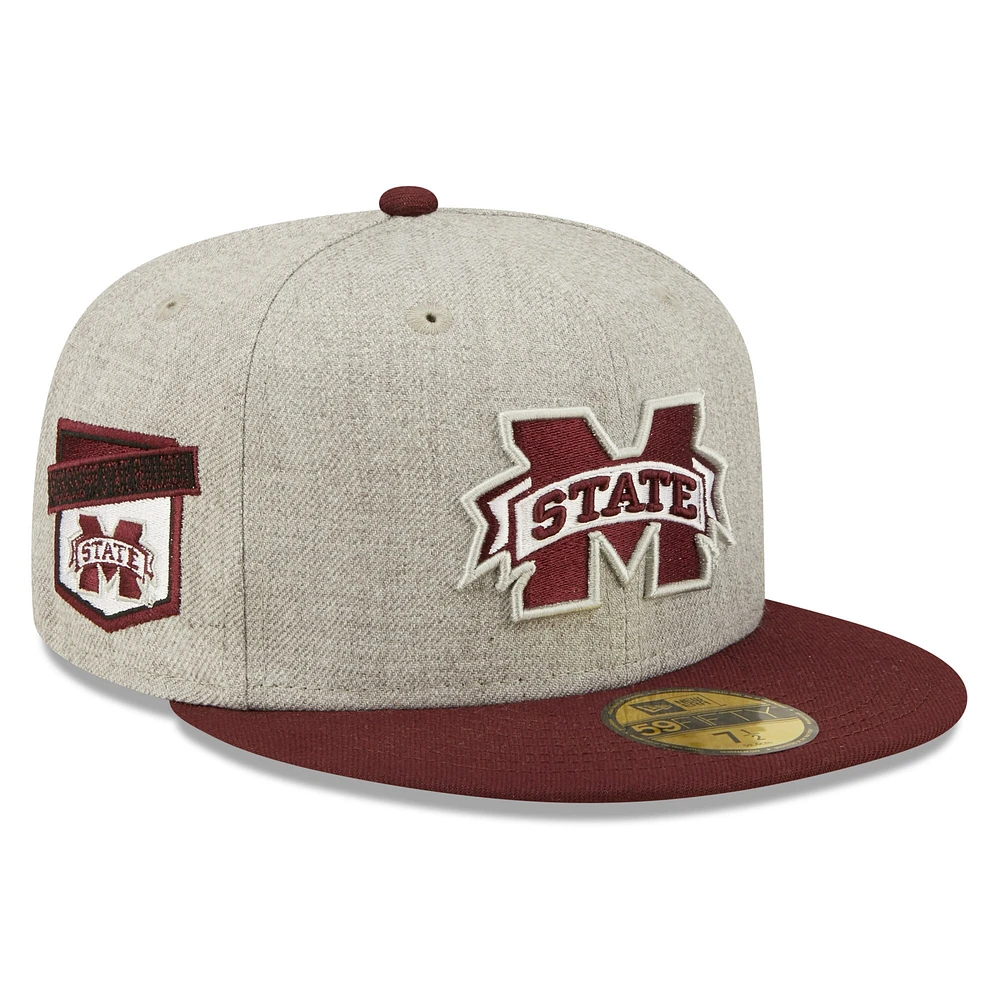 Casquette ajustée 59FIFTY pour homme avec écusson Mississippi State Bulldogs New Era gris chiné/marron