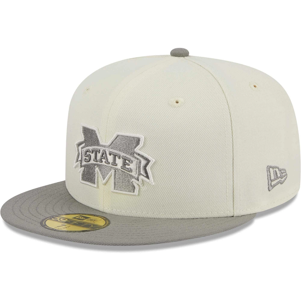 Men's New Era Stone/Gray Mississippi State Bulldogs Chrome & Concrete 59FIFTY Fitted Hat