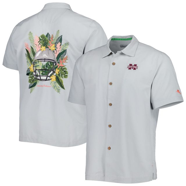 Tommy Bahama Grey Mississippi State Bulldogs Coconut Point Frondly Fan Camp IslandZone Chemise boutonnée pour homme