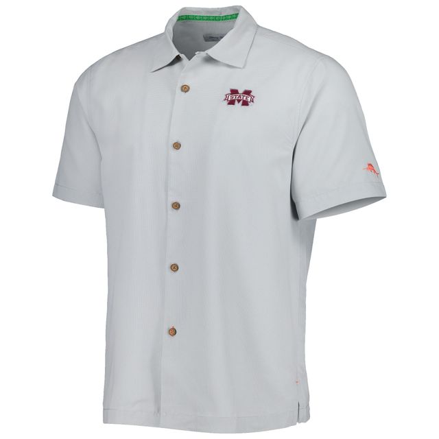 Tommy Bahama Grey Mississippi State Bulldogs Coconut Point Frondly Fan Camp IslandZone Chemise boutonnée pour homme