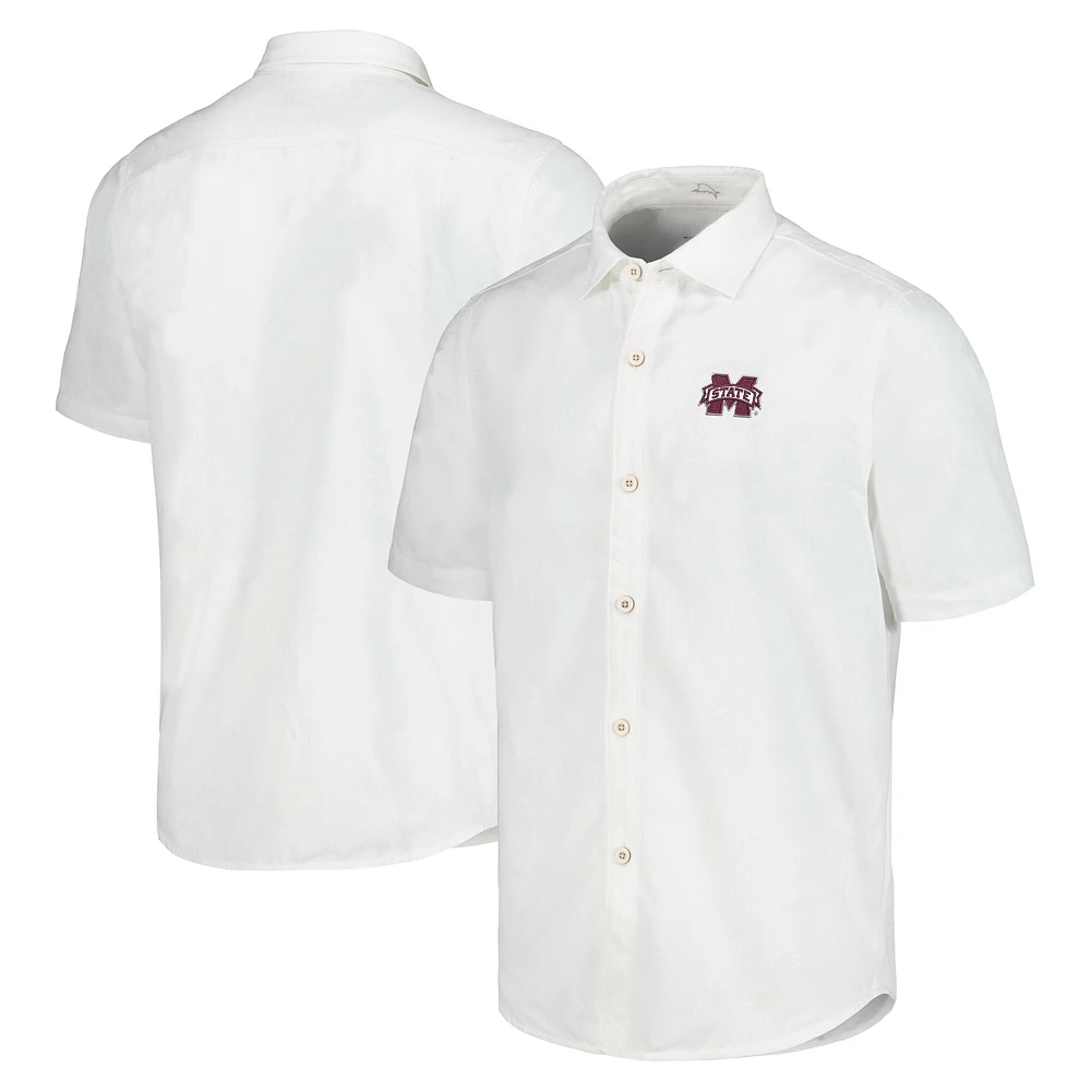 Men's Tommy Bahama White Mississippi State Bulldogs Coconut Point Palm Vista IslandZone Camp Button-Up Shirt