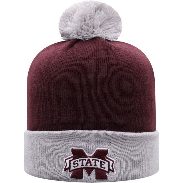 Bonnet pour hommes Top of the World marron/gris Mississippi State Bulldogs Core 2 tons à revers avec pompon