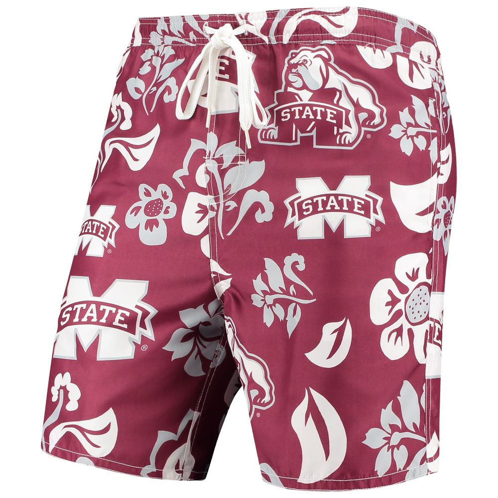 Men's Wes & Willy Maroon Mississippi State Bulldogs Floral Volley Logo Swim Trunks