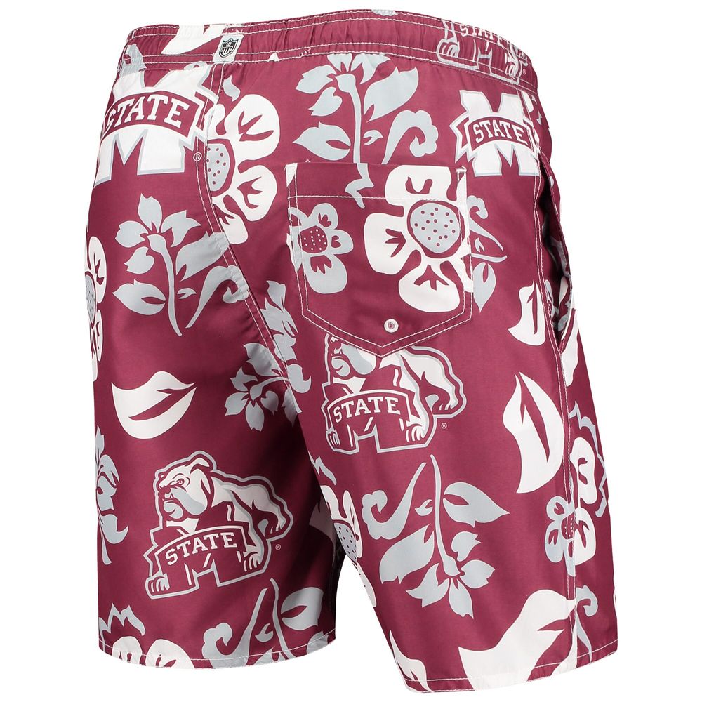 Men's Wes & Willy Maroon Mississippi State Bulldogs Floral Volley Logo Swim Trunks