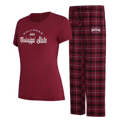 Ensemble de nuit pour femme Concepts Sport Bordeaux/noir Mississippi State Bulldogs Arctic T-shirt et pantalon en flanelle