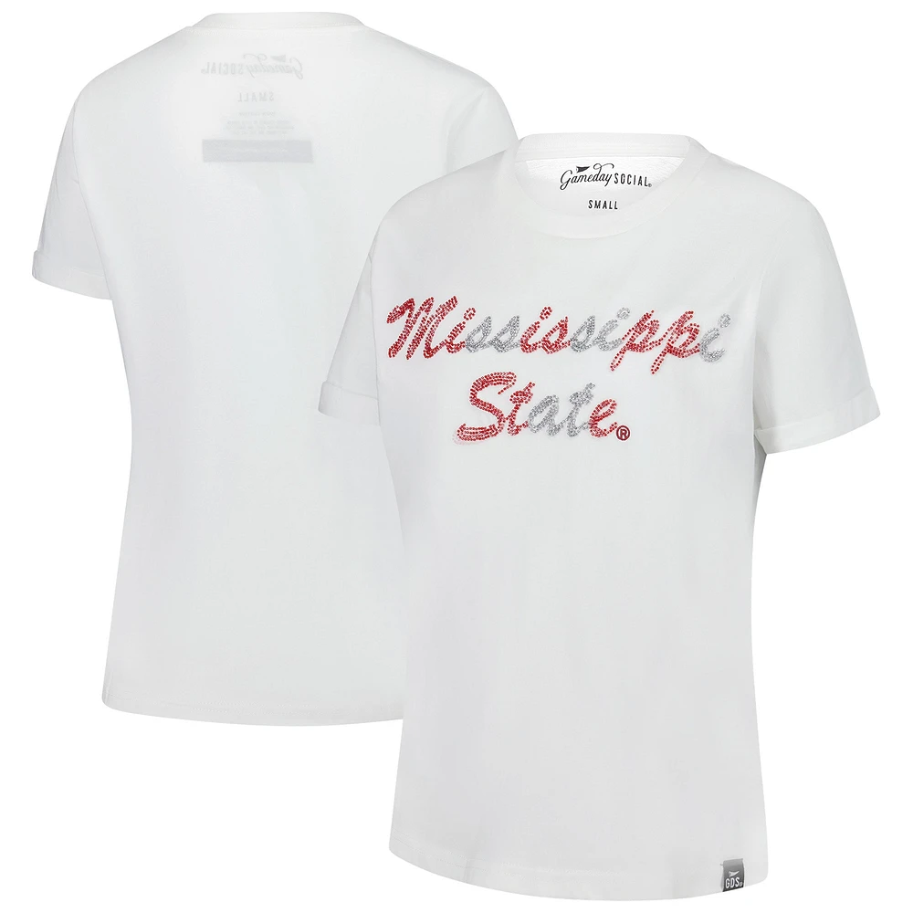 T-shirt blanc cousu à la main avec inscription en perles des Mississippi State Bulldogs pour femme Gameday Social