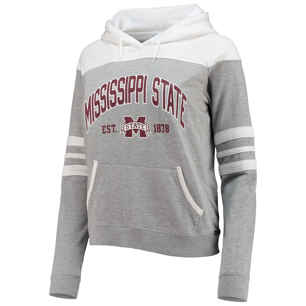 Women's Heathered Gray/White Mississippi State Bulldogs Blitz Sleeve Striped Blocked Raglan Hoodie