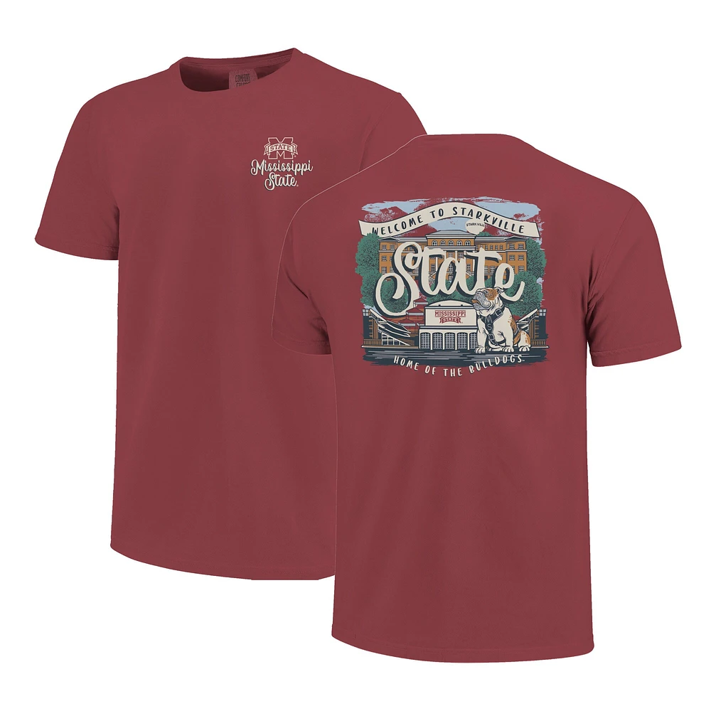 T-shirt confort pour femme avec inscription « Campus Scene Drawing Script » aux couleurs marron des Mississippi State Bulldogs